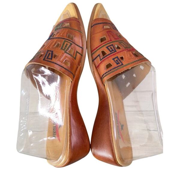Pikolinos Leather Sandals Caramel Aztec Cutout Low Wedge Slides Size 7/38 - Picture 4 of 8